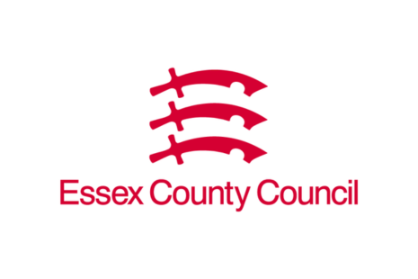 Logo for Essex County Council with red text and three red seaxes.