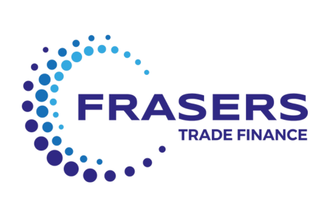 Logo for FRASERS TRADE FINANCE in dark blue, with a circle in dots of three different shades of blue.