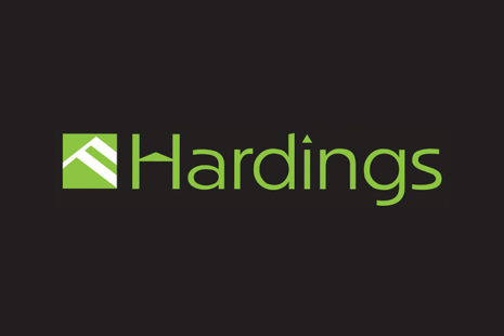 Logo for Hardings with green text on a black background and a white and green icon in a square.