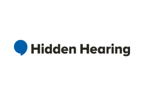 Logo for Hidden Hearing in black text with a blue apostrophe to the left of the wording.