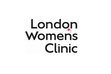 Logo for London Women's Clinic, in black text on a white background with a pink apostrophe.