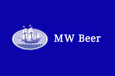 Logo for M W Beer, showing a large sailing boat in an oval and the words 'M W Beer' in white text, all on a blue background.