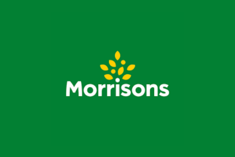 Logo for Morrisons with white text on a green background and a yellow plant growing from the 'i'.