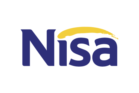 Logo for Nisa with dark blue text on a white background and a yellow brush stroke from the 'i' to the 'a'.