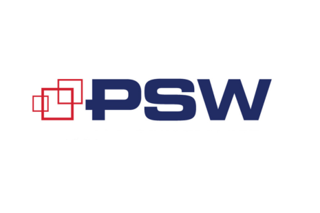 Logo for PSW with blue text on a white background and a design comprising of three red squares to the left of the text.