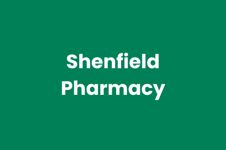 White text on green background reads 'Shenfield Pharmacy'