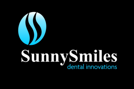 Logo for Sunny Smiles, with white text on black background. Turquoise text reads 'dental innovations', while a blue circle with a wave design is positioned above the first 'S'.