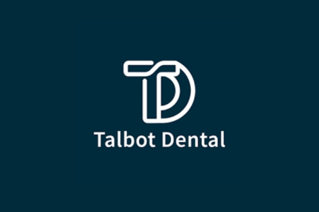 Logo for Talbot Dental with white text on a dark blue background. A design integrating a 'T' and 'D' together is at the top of the logo.