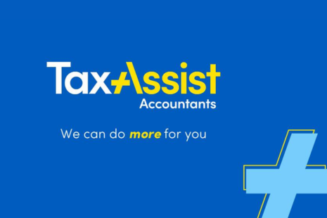 Logo for TaxAssist Accountants with the 'Tax' in white and the 'Assist' in yellow text. The word 'Accountants' is in white underneath, with 'We can do more for you' under that.  The word 'more' is yellow.  In the bottom right corner is a light blue cross with a yellow outline.  The background is blue.