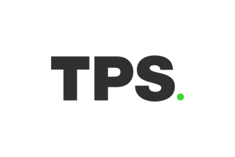 Logo for TPS with large black text and a small light green full stop at the end.