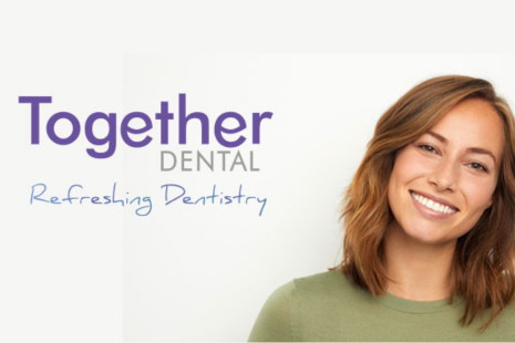 A head and shoulders image of a woman wearing a green top, smiling. To the left is the Together Dental logo in purple and grey, with the words 'Refreshing Dentistry' underneath.