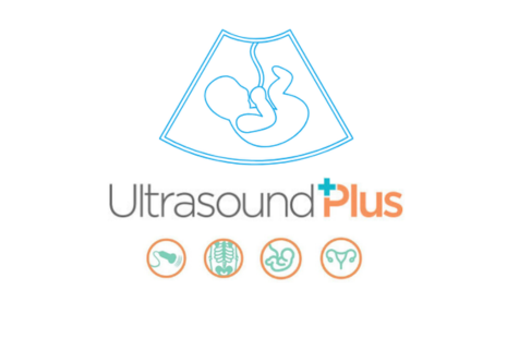 Logo for Ultrasound Plus, featuring an outline of a foetal ultrasound image at the top. Below the image, the text reads 'Ultrasound Plus' with 'Plus' highlighted in orange. Underneath the text are four icons within circles representing various medical symbols, including a foetus, spine, organs, and another foetal icon, all in a minimalist design.