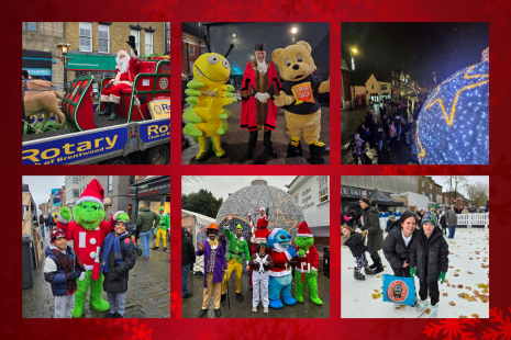 Collage image showing highlights from Lighting Up Brentwood, including Father Christmas arriving in style on a sleigh from the Rotary Club of Brentwood; the Mayor with Big Ted from Stagecoach and Colin the Caterpillar from Marks and Spencer; crowds gathered around the Giant Christmas Bauble; children posing for a photo with The Grinch; a group of festive walkabout acts; and a mother and son at the ice rink