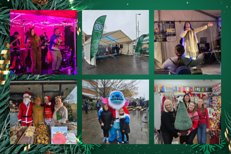 Collage of six images from Festive Shenfield showing musical performers, businesses including Roses Bakery and Sincerely Yours with Christmas products, and two children with a Christmas Stitch character