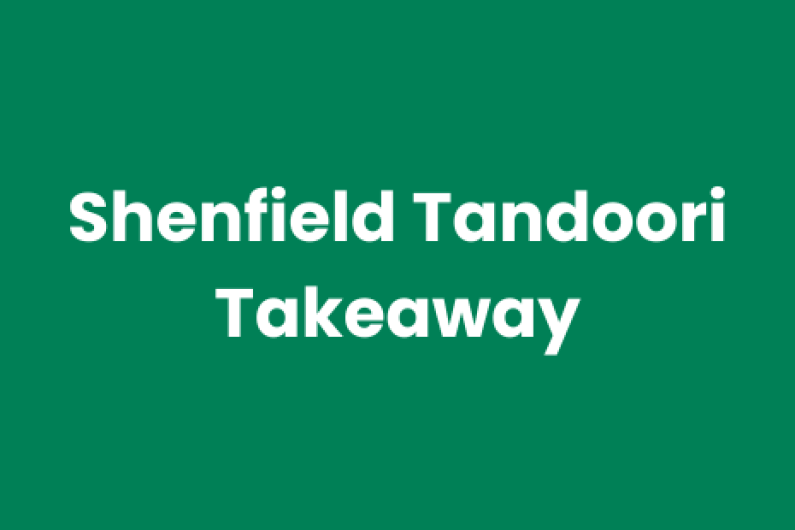 White text on green background reads 'Shenfield Tandoori Takeaway'