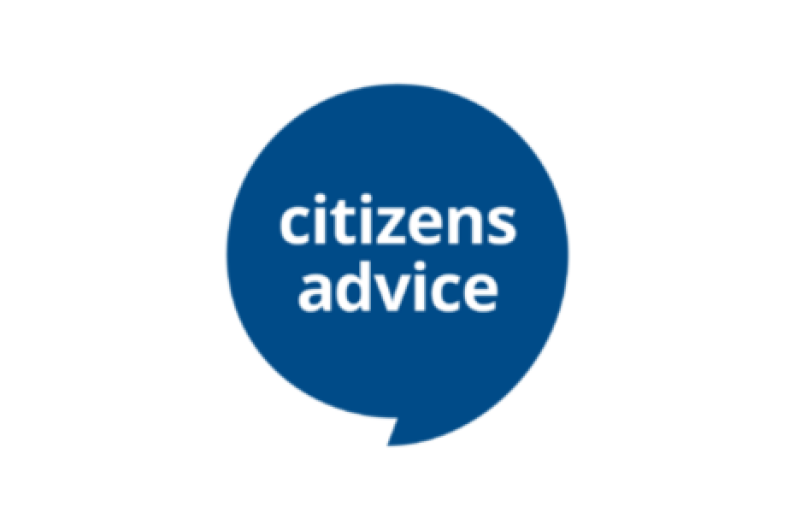 Logo for Citizens Advice Bureau with white text inside a dark blue speech mark shape.