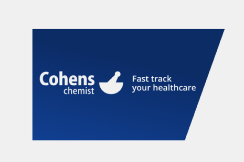 Logo for Cohens chemist, white text on a dark blue background.  A white image of a pestle and mortar.  The word 'Fast track your healthcare' are to the right.