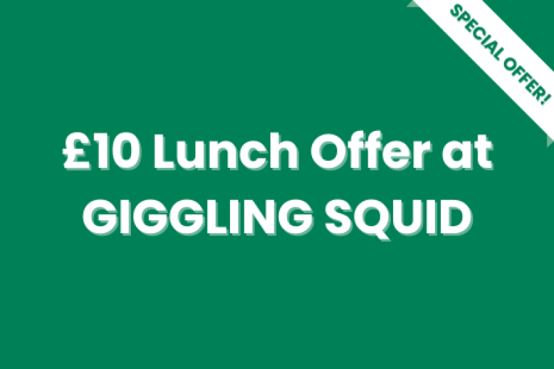 White text on green background with a white 'SPECIAL OFFER!' banner with green text on the right corner of the image.  Text in the centre reads '£10 Lunch Offer at GIGGLING SQUID'.