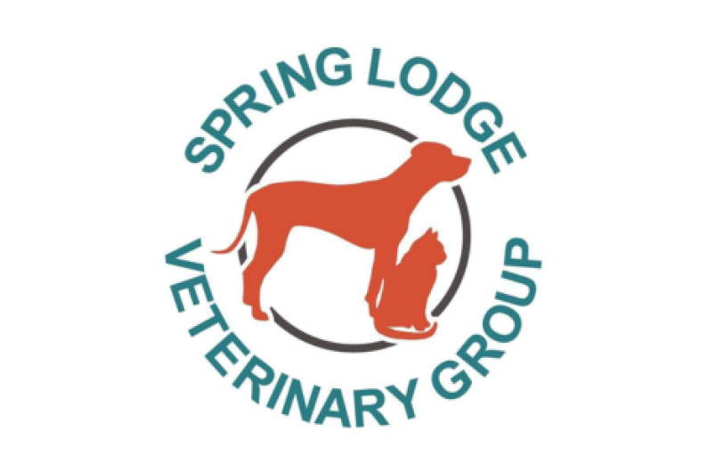 Logo for Spring Lodge Veterinary Group, with green text in a circle and a dog and cat coloured red in the centre.