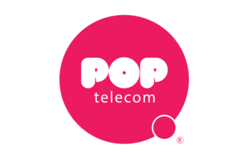 Logo for POP telecom with white bubble text inside a pink circle, with a smaller pink circle to the bottom right and an (R) symbol.