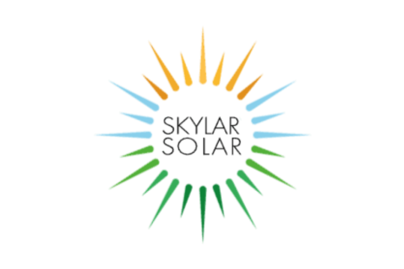 Logo for SKYLAR SOLAR with black text on a white background, surrounded by multicoloured sunrays.