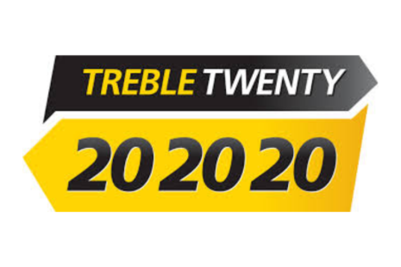 Logo for TREBLE TWENTY 202020, with yellow, white and black text on black and yellow background.