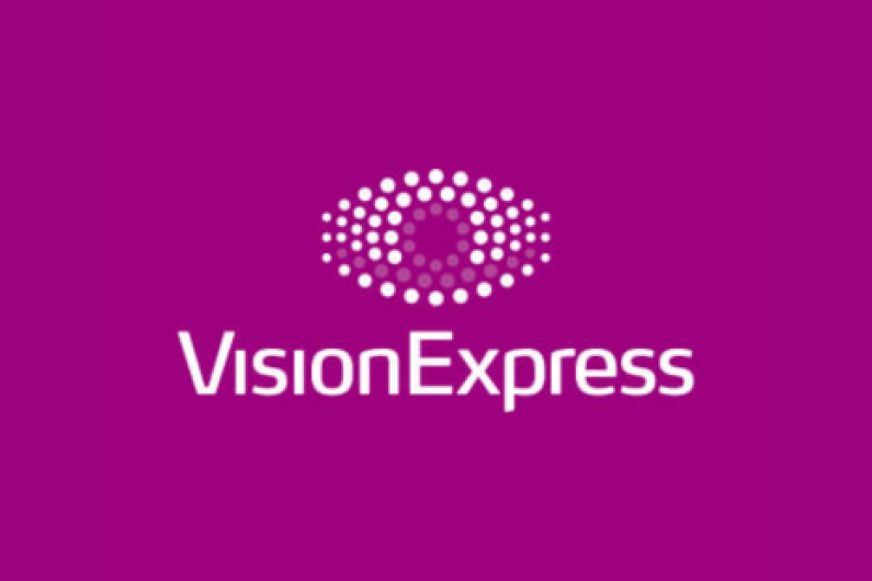 Logo for Vision Express with white text on a purple background and an eye shape created with white dots.