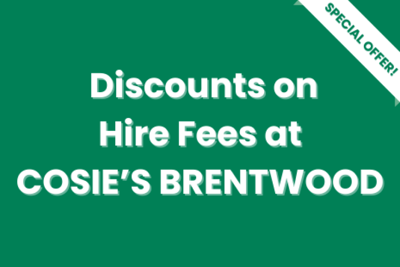 White text on green background with a white 'SPECIAL OFFER!' banner with green text on the right corner of the image.  Text in the centre reads 'Discounts on Hire Fees at COSIE'S BRENTWOOD'.