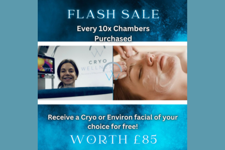 Image of a woman in a cryotherapy chamber, and a woman having a facial.  FLASH SALE Every 10 x Chambers Purchased Receive a Cryo or Environ facial of your choice for free!  WORTH £85