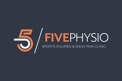 Logo for FIVEPHYSIO in white and orange text with a large number 5 in orange and white to the left.  Wording underneath reads 'SPORTS INJURIES & BACK PAIN CLINIC'.