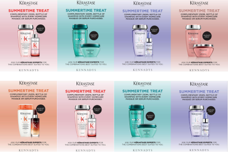 A collage of eight images of Kérastase products, with Kennadys branding.  Wording on each reads "SUMMERTIME TREAT COMPLIMENTARY 250ml BOTTLE OF SHAMPOO WITH EVERY HOMECARE MASQUE OR SERUM PURCHASED."  AUGUST ONLY.  Ask our Kérastase experts for the combinations best suited to you.