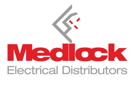 Logo for Medlock Electrical Distributors in red and grey text. A grey and red electrical plug icon appears above the 'l' in Medlock.