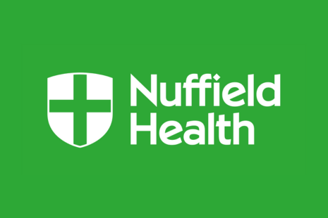 Logo for Nuffield Health with white text on a green background and, to the left, a white shield with a cross in the centre.