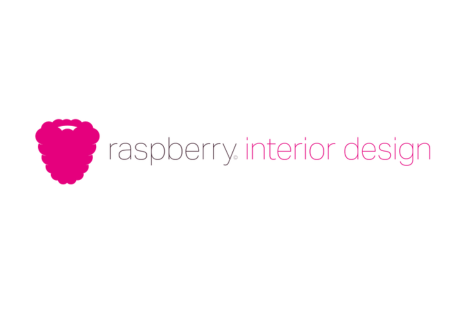 Logo for Raspberry Interior Design, in grey and pink text, with a pink raspberry on a white background.