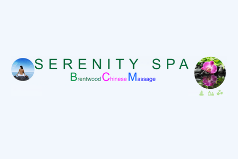 The image is a logo for a business named "Serenity Spa." The text is centered and displayed in a clean, modern font. The word "Serenity" is in large green letters, followed by "SPA" in slightly smaller green letters. Below the main name, there is smaller text that reads "Brentwood Chinese Massage." The words "Brentwood" and "Massage" are in blue, while "Chinese" is in pink, emphasizing the specialty.  On the left side of the logo, there is a circular image of a person sitting cross-legged.