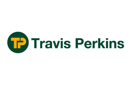 Logo for Travis Perkins with green text on a white background and the initials 'TP' in yellow in a green circle.