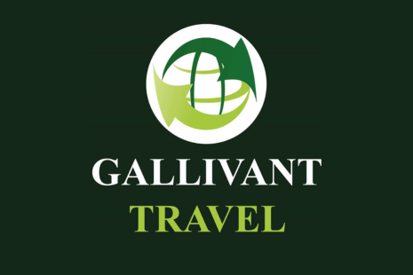 Logo for GALLIVANT TRAVEL shows a white globe style icon with green arrows in the middle.  The word 'GALLIVANT' is in white text, with the word 'TRAVEL' in green text, all on a dark green background