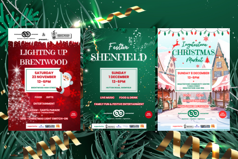 Image showing graphics for each of the Brentwood Connected Christmas events - Lighting Up Brentwood (Saturday 23 November), Festive Shenfield (Sunday 1 December) and Ingatestone Christmas Market (Sunday 8 December), on a green festive background.