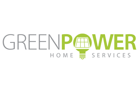 Logo for GREEN POWER HOME SERVICES in green text on a white background.  The 'O' in POWER is the shape of a lightbulb with a window inside.