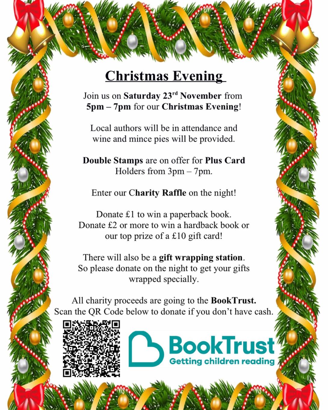 Festive text with holly border promoting a Christmas evening from Waterstones Brentwood in aid of BookTrust.  The event takes place on Saturday 23 November from 5-7pm.