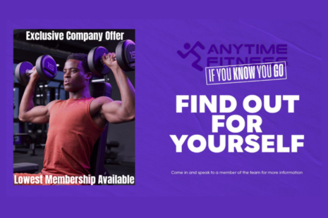 Image promoting an exclusive company offer at Anytime Fitness.  Image shows a man lifting weights in each hand and the words 'FIND OUT FOR YOURSELF'.