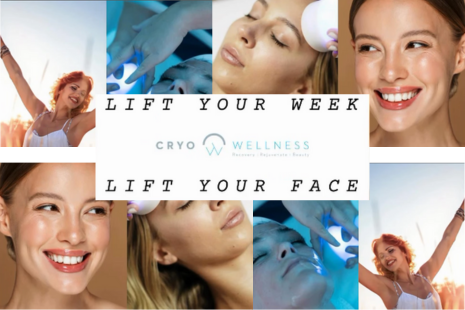 Eight images of female faces with text overlayed, reading 'LIFT YOUR WEEK LIFT YOUR FACE' from Essex Cryo Wellness