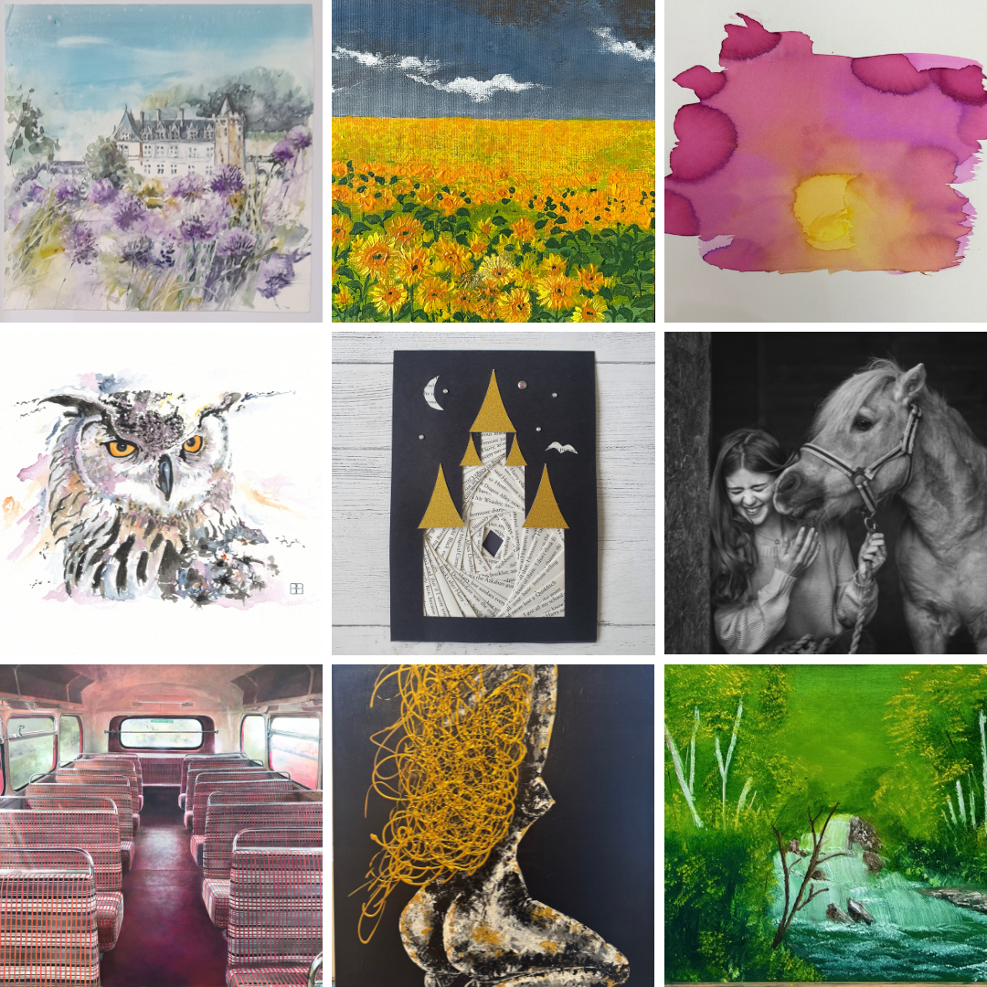A collage of six images showing artwork from artists featured in the Brentwood Art Trail 2025