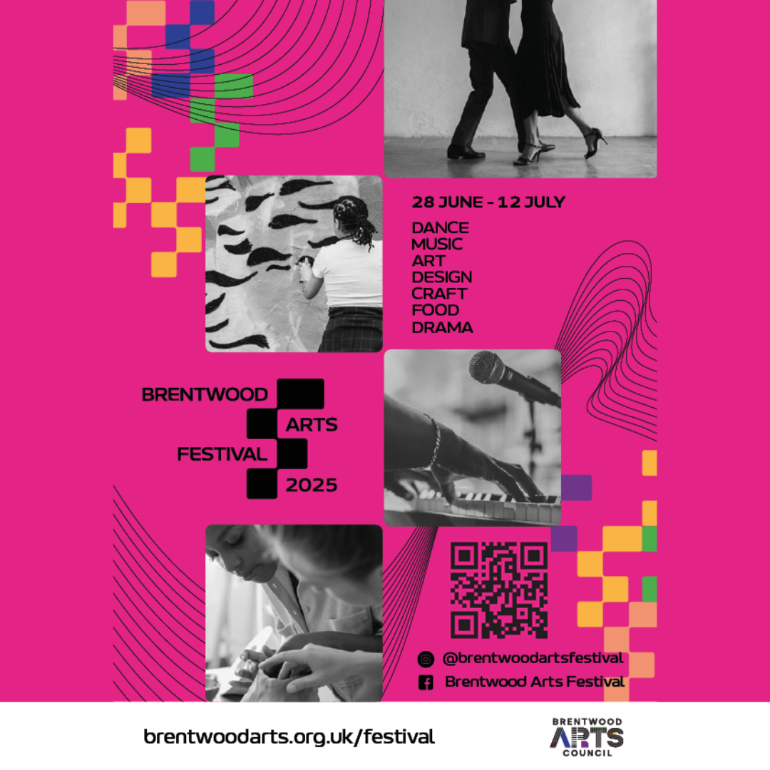 Festival collage with dance, art, and music elements, vibrant pink and yellow accents promoting the Brentwood Arts Festival from 28 June to 12 July 2025.