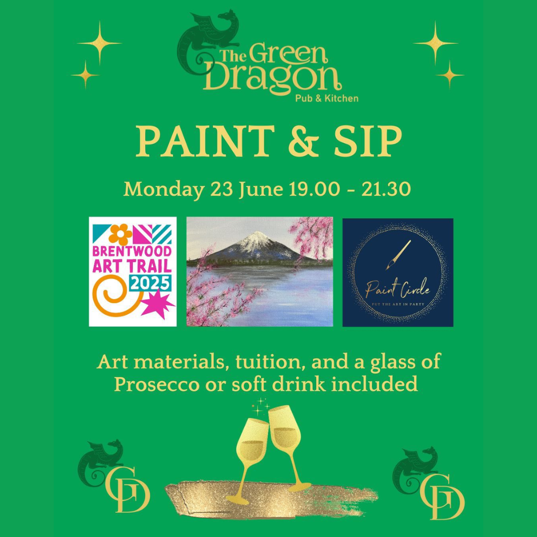 Image promoting Paint & Sip at The Green Dragon Shenfield with Paint Circle as part of the Brentwood Art Trail on Monday 23 June from 19:00.