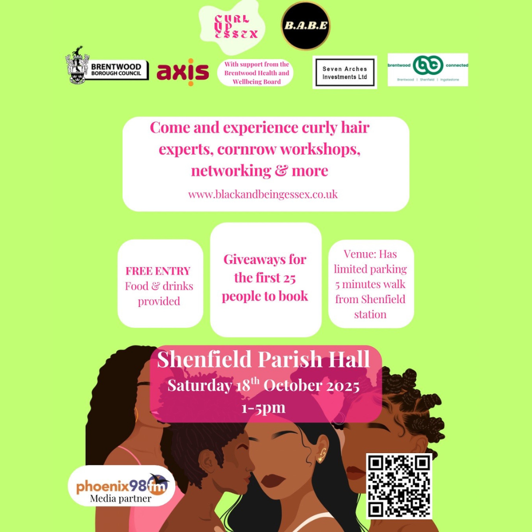 Poster promoting the Black And Being Essex (B.A.B.E) Curl Up Essex event on Saturday 18 October 2025.