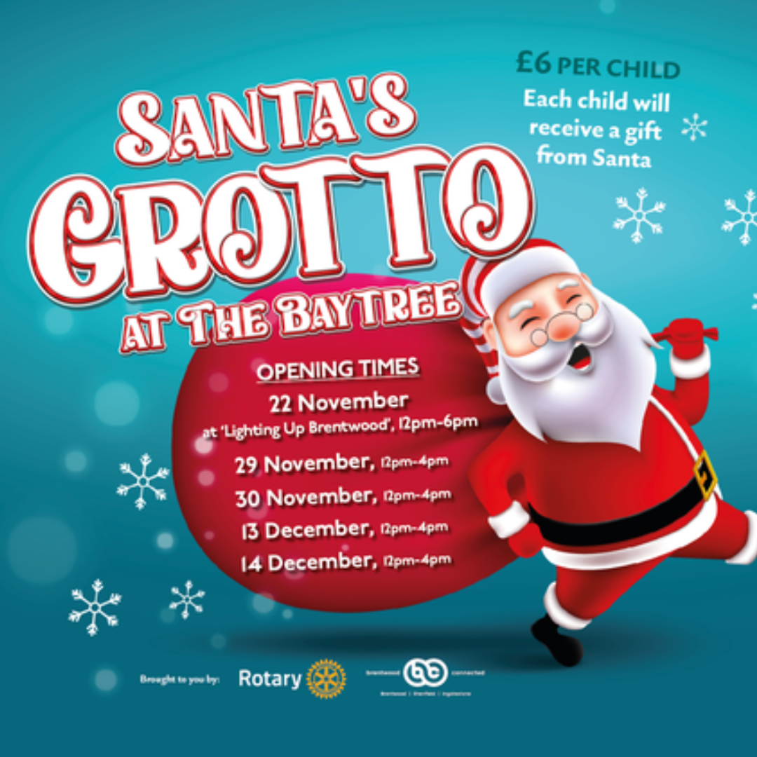 Image promoting the Santa's Grotto from the Rotary Club of Brentwood at the Baytree Shopping Centre.