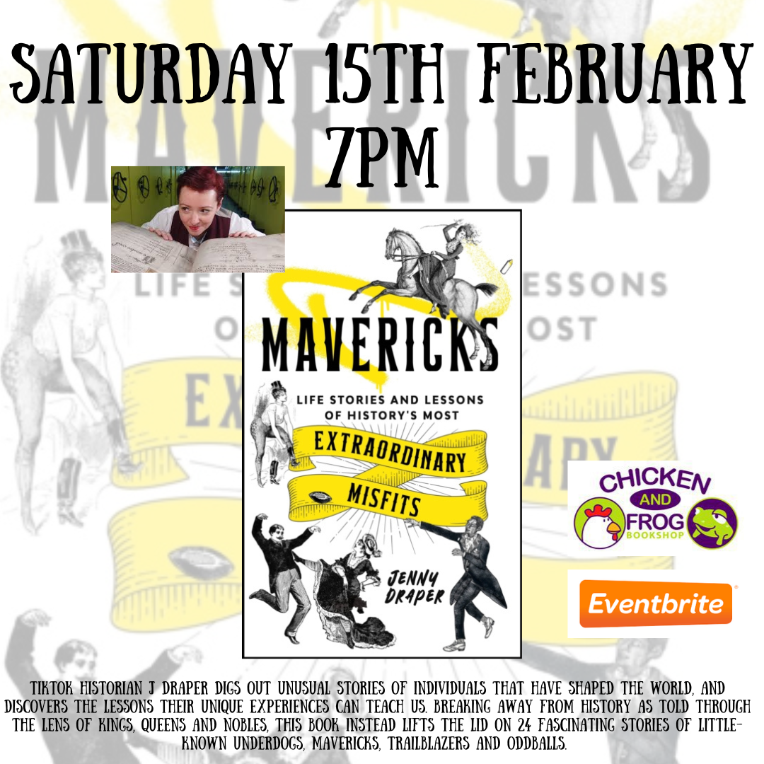 Book event poster for "Mavericks" on Saturday, 15th February, 7 PM at Chicken and Frog Bookshop