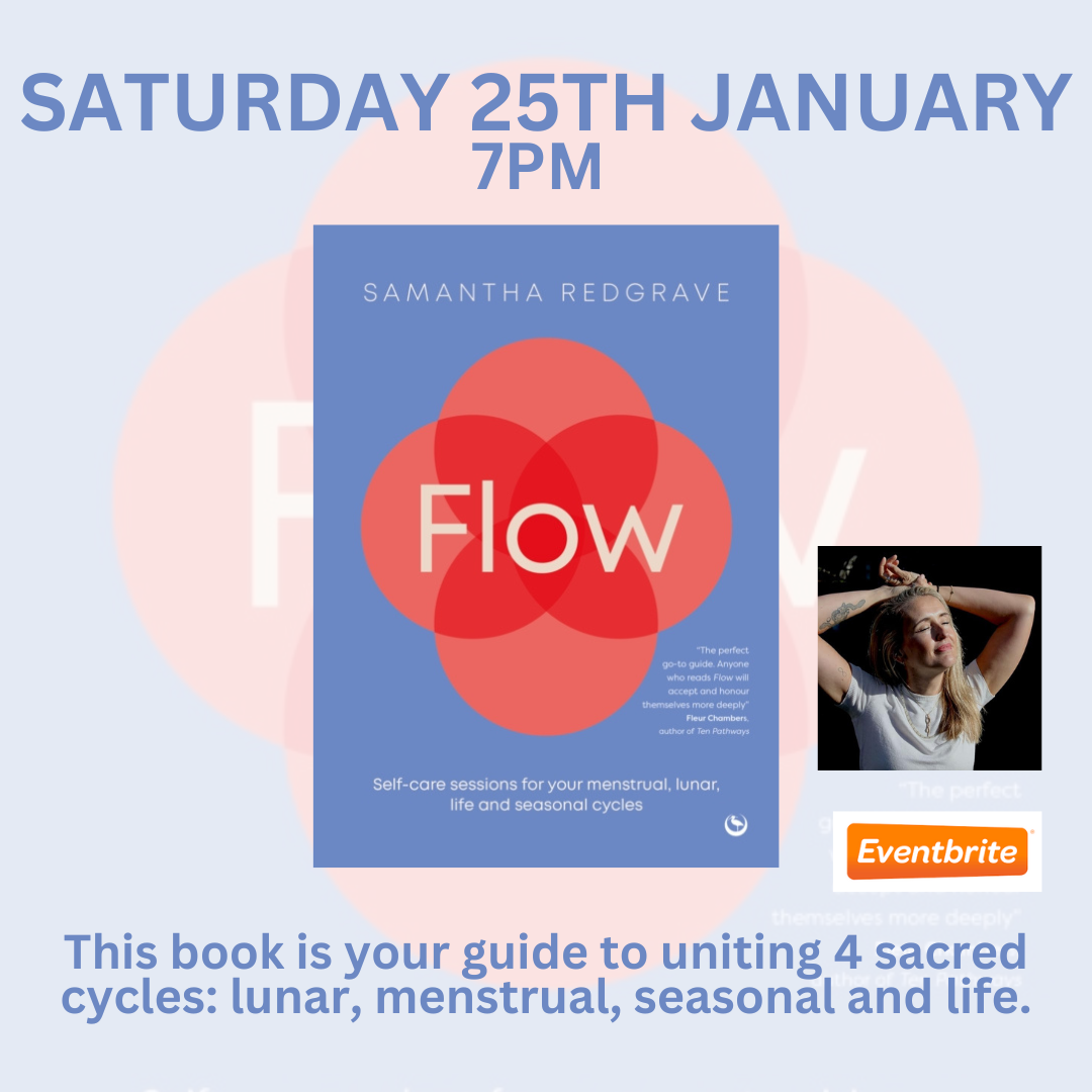 Flow book cover with an orange flower design next to a photograph of a woman smiling.   SATURDAY 25th JANUARY 7PM. 