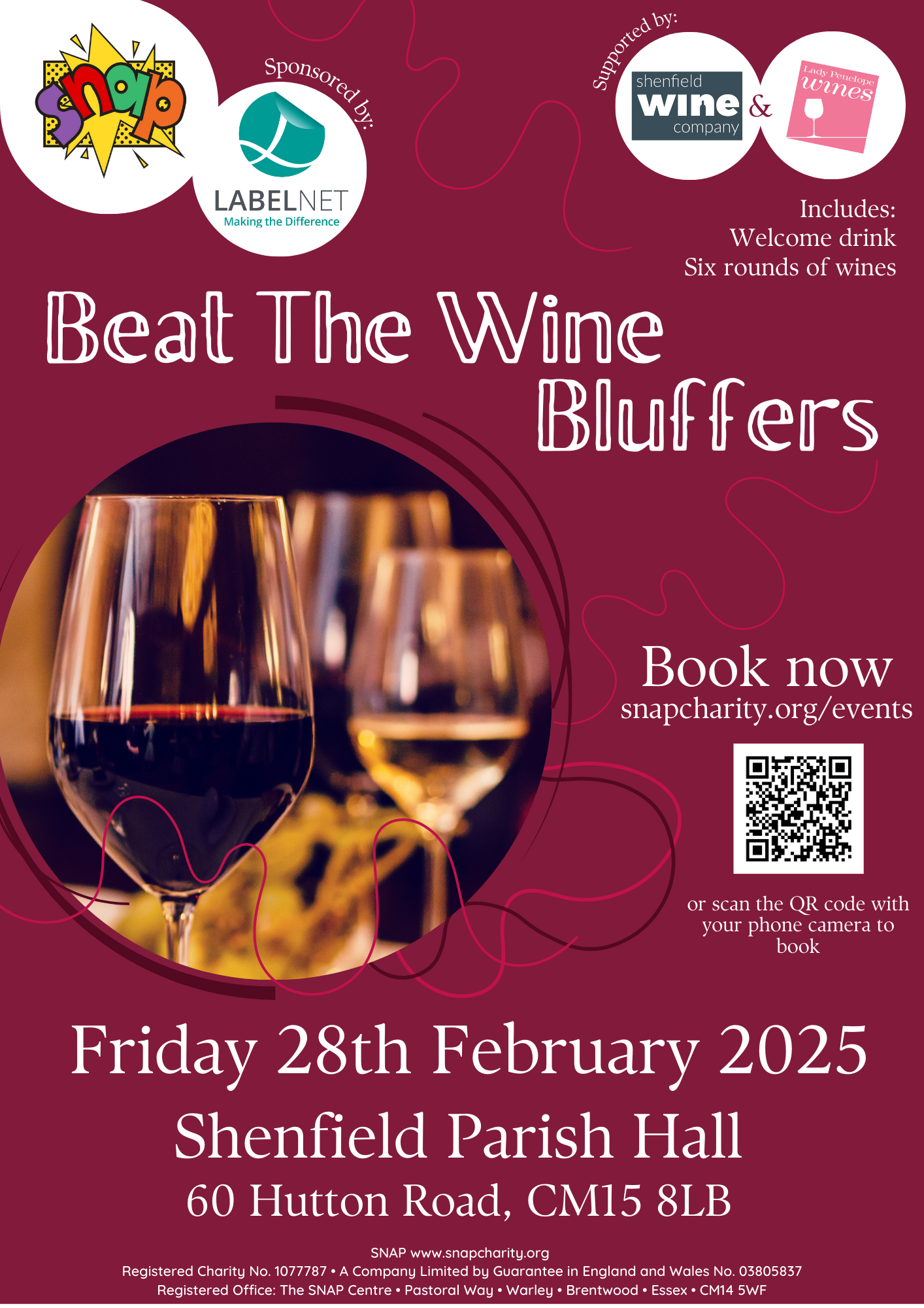 Poster promoting 'Beat The Wine Bluffers' at Shenfield Parish Hall on Friday 28 February 2025, sponsored by Labelnet, supported by Shenfield Wine Company and Lady Penelope Wines, and in aid of SNAP.